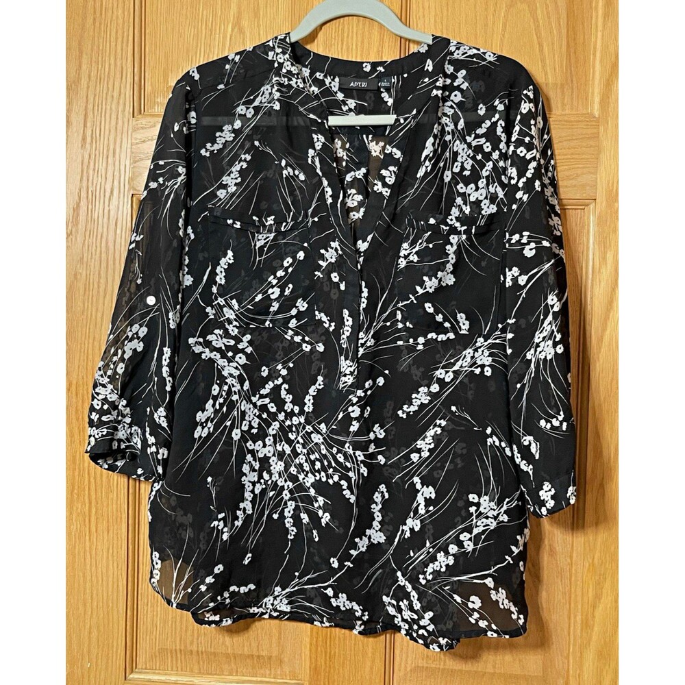 APT. 9 Womens L Black White Floral V-Neck 3/4 Sleeve Chiffon Button Blouse